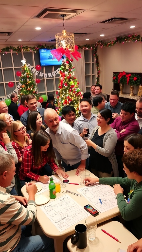 A festive Christmas party with guests playing games, decorated with holiday lights and a Christmas tree.